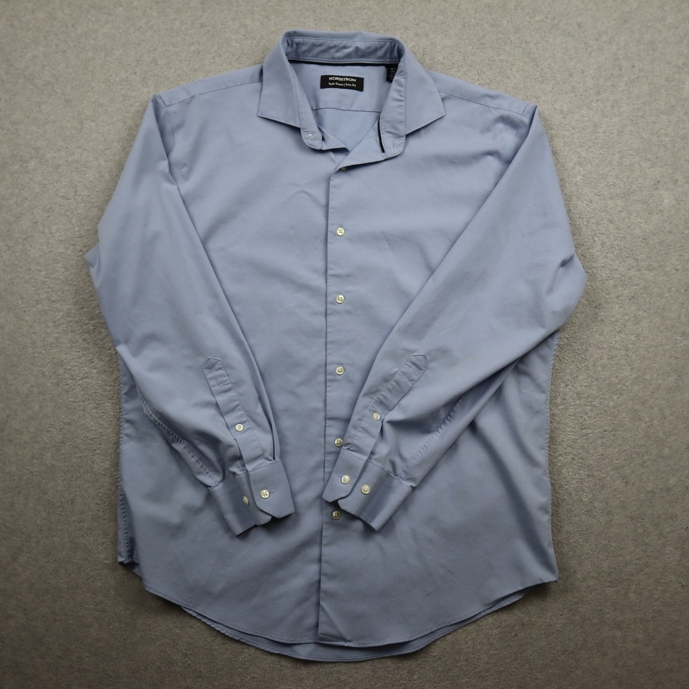 Nordstrom Dress Shirt Mens 16.5 32-33 Tech-Smart Trim Fit Light Blue Stretch